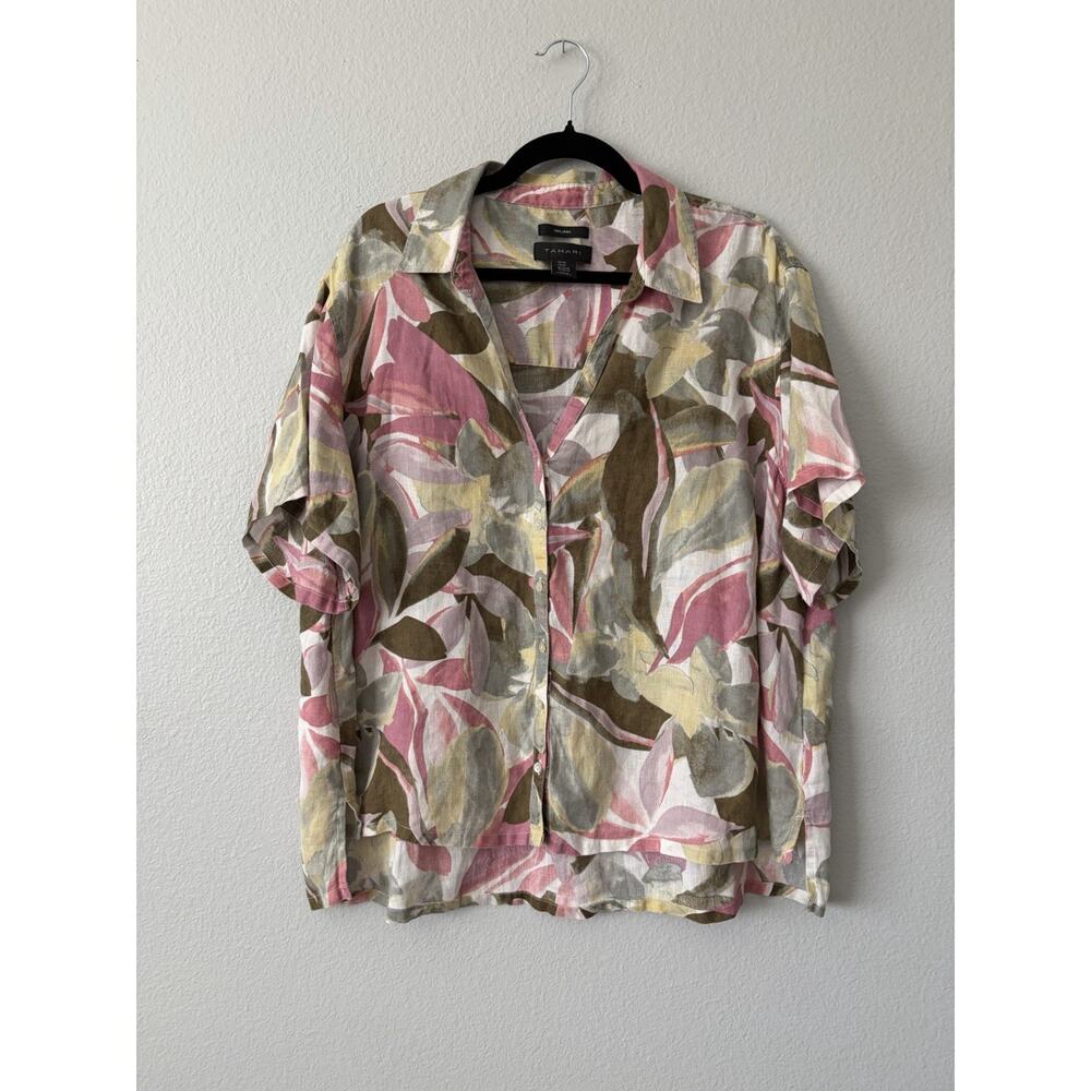 Tahari Women’s 2X Multicolor Floral 100% Linen Button Front Collared Blouse
